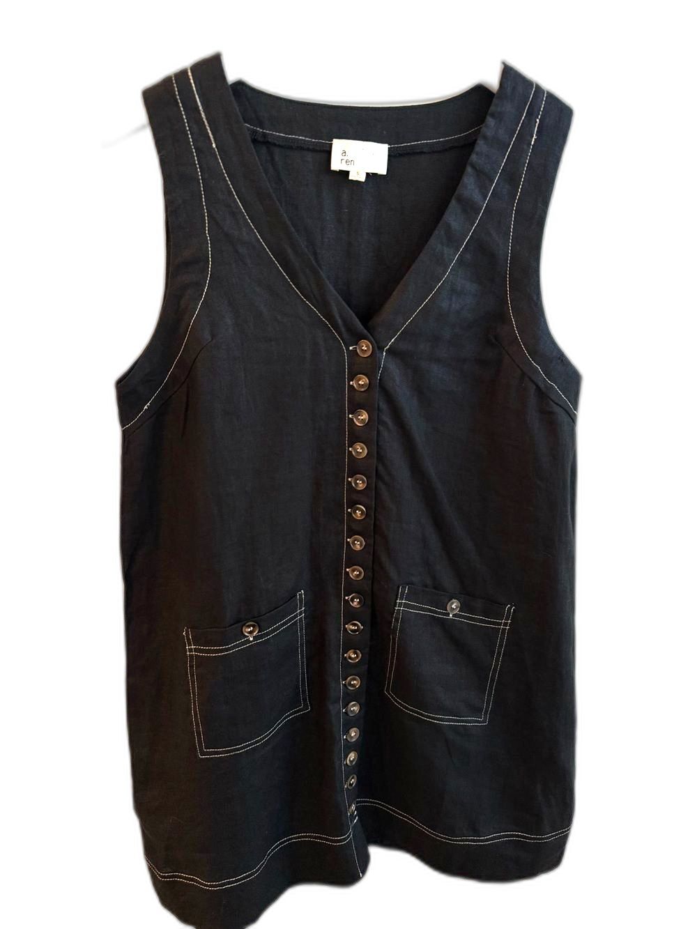 A. Ren 100% Linen Mini Dress Contrast Stitch Buttons Coastal Preppy Summer Small